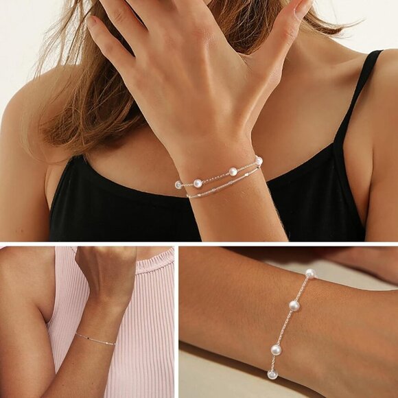 Silver Dainty Stack Cuban Beaded Heart, Bracelets Jewelry Gifts for Women - Picture 4 of 7